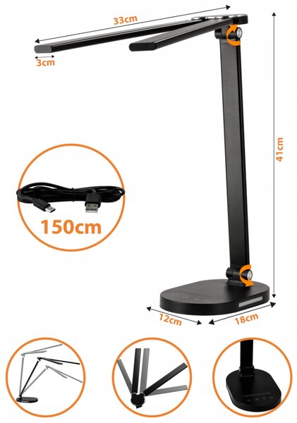 Smart LED LED stolní pracovní lampa CCT 15W 755Lm USB černá barva