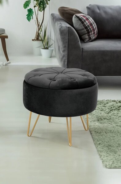 Elegantní taburet DRAVIEN s úložným prostorem - černý / zlatý
