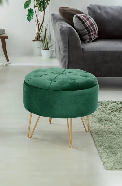 Elegantní taburet DRAVIEN s úložným prostorem - láhvově zelený / zlatý