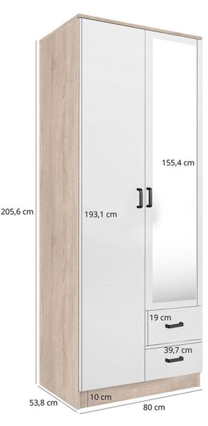 Skříň se zrcadlem 2D2S dub sonoma / bílá Kami