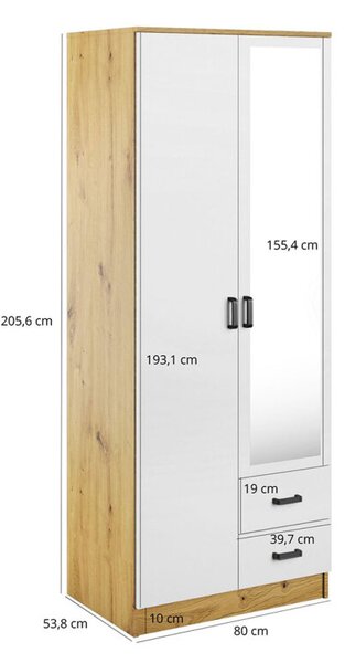 Skříň se zrcadlem 2D2S dub artisan / bílá Kami