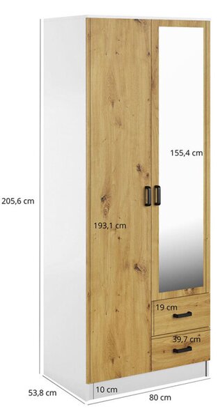 Skříň se zrcadlem 2D2S bílá / dub artisan Kami