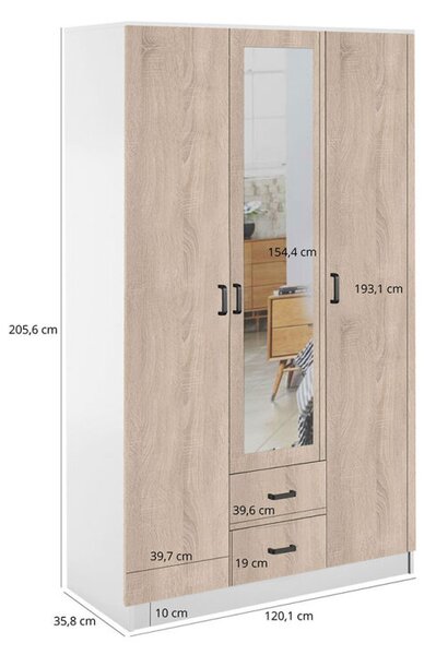 Skříň se zrcadlem 3d2s bílá / dub sonoma Kami