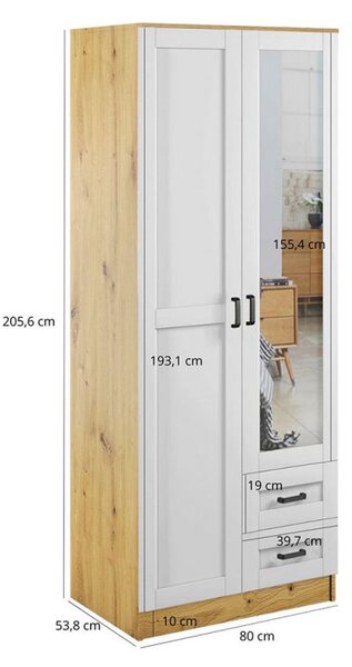 Skříň se zrcadlem 2D2S Rama dub artisan / bílá Kami