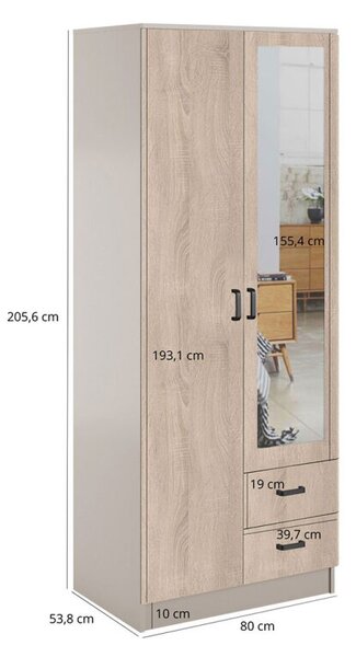 Skříň se zrcadlem 2D2S kašmír / dub sonoma Kami