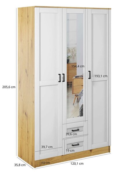 Skříň se zrcadlem 3d2s Rama dub artisan / bílá Kami