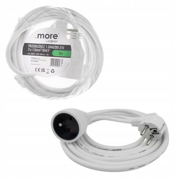 Prodlužovací síťový kabel s uzemněním, 1 zásuvka, 3M, bílý - 2500W