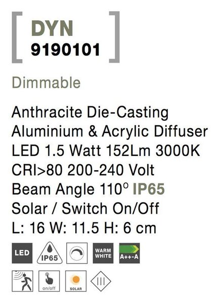 Nova Luce Venkovní nástěnné svítidlo DYN, LED 1.5W 3000K 3.7V, IP65 solární / vypínač na těle / pohybové čidlo