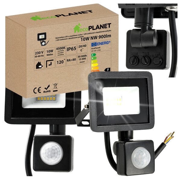 LED reflektor 10W 900lm s pohybovým a soumrakový senzorem - IP65