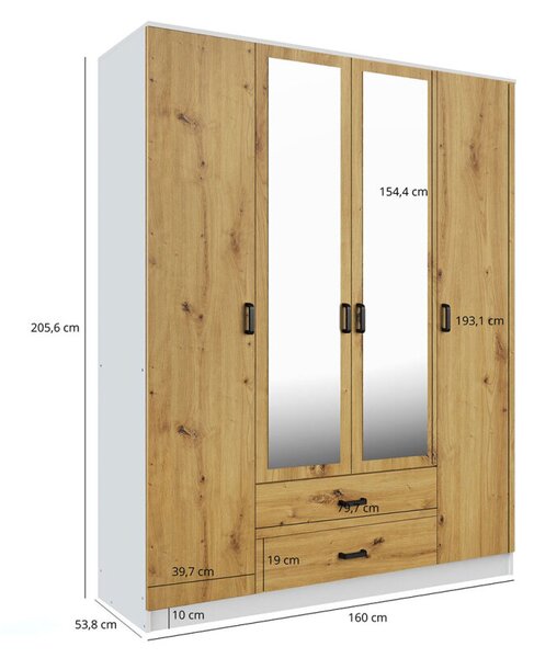 Skříň se zrcadlem 4d2s bílá / dub artisan Kami