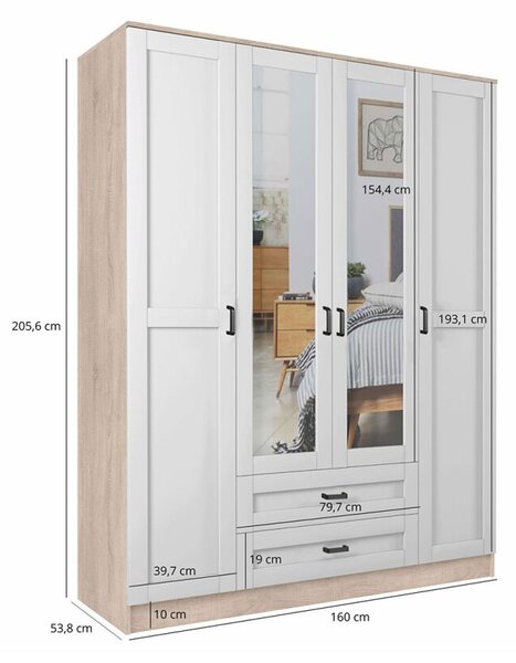 Skříň se zrcadlem 4d2s Rama dub sonoma / bílá Kami