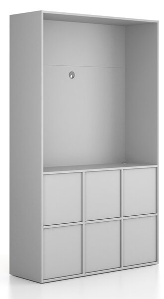 Kancelářská skříň FRAME, 6x dveře, prostor pro TV, 1299 x 450 x 2162 mm, PUSH-lock, šedá