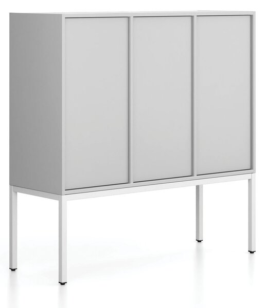 Kancelářská skříň FRAME, nízká, bílá podnož, 3x dveře, 1299 x 450 x 1331 mm, PUSH-lock, šedá