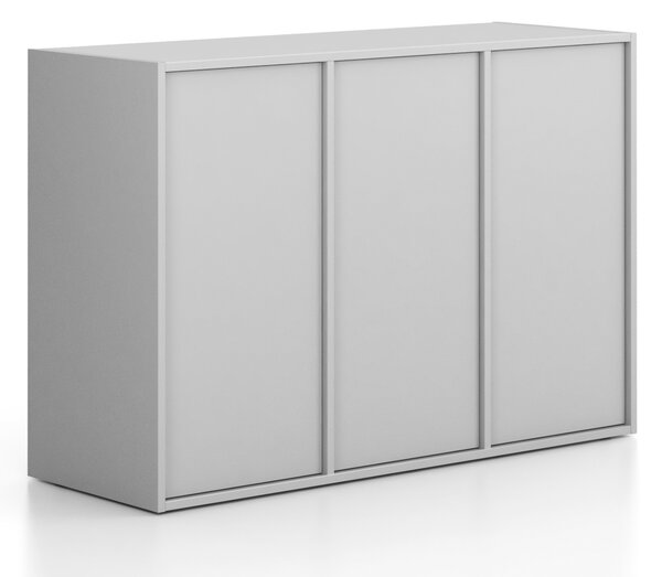Kancelářská skříň FRAME, nízká, 3 dveře, 1299 x 450 x 881 mm, PUSH-lock, šedá