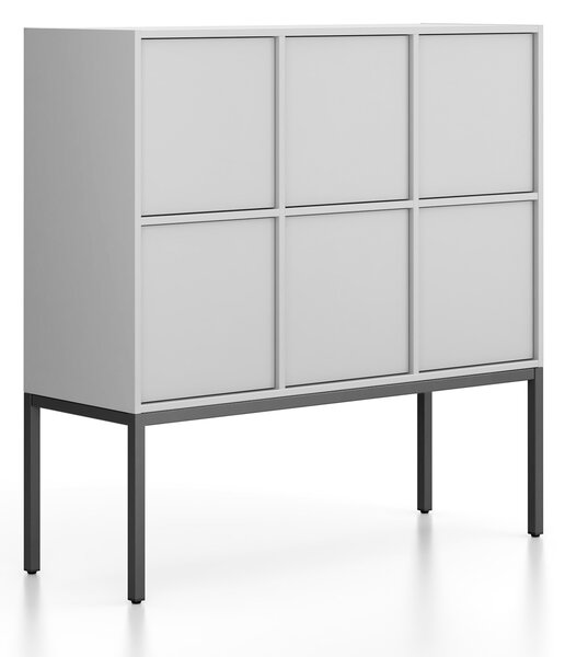 Kancelářská skříň FRAME, nízká, černá podnož, 6x dveře, 1299 x 450 x 1331 mm, PUSH-lock, šedá