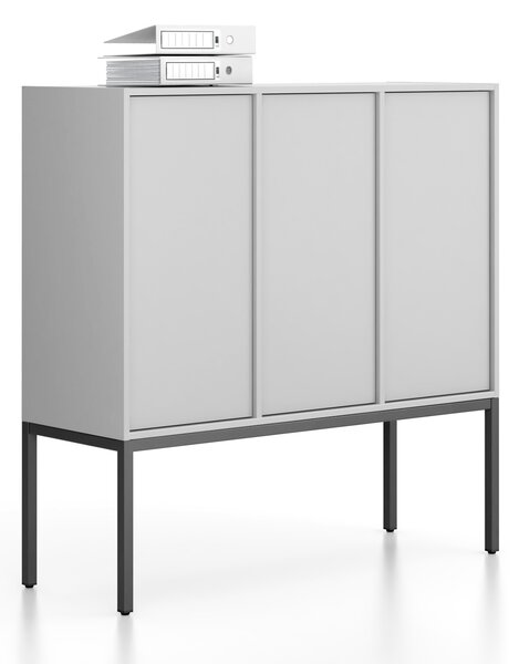 Kancelářská skříň FRAME, nízká, černá podnož, 3x dveře, 1299 x 450 x 1331 mm, PUSH-lock, šedá