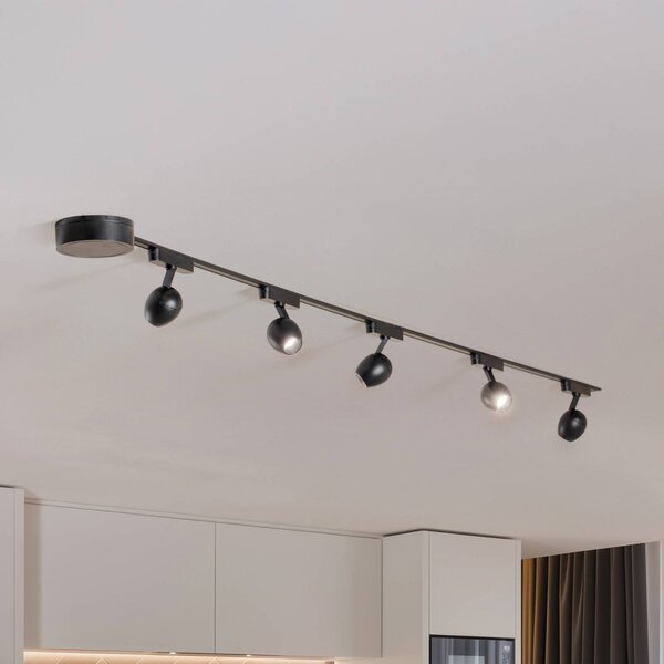 Lindby Lumaro track system, reflektory, 5 světel, černé, Ø6cm, 48V, stmívatelné, stmívatelný, Černá, Obývací pokoj / jídelna, Plast, Moderní
