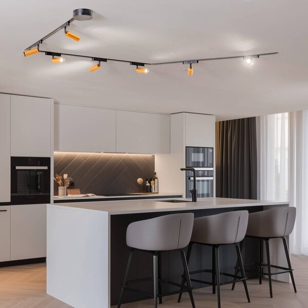 Lindby Lumaro track system, reflektory, 7 světel, zlaté, Ø4cm,48V,stmívatelné, stmívatelný, Černá, Obývací pokoj / jídelna, Hliník, Moderní