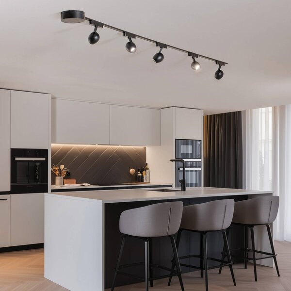 Lindby Lumaro track system, reflektory, 5 světel, černé, Ø6cm, 48V, stmívatelné, stmívatelný, Černá, Obývací pokoj / jídelna, Plast, Moderní