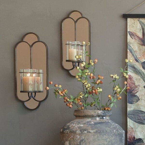 Mosazné antik kovové nástěnné zrcadlo se svícnem Floa - 21*15*50 cm - Chic Antique