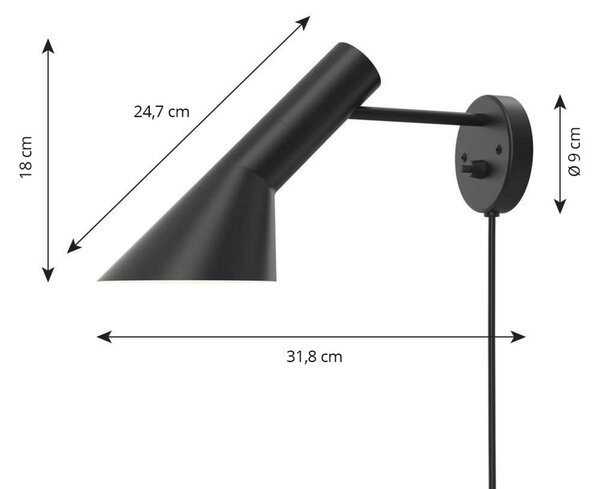 Louis Poulsen AJ - nástěnné světlo, černé, Černá, Obývací pokoj / jídelna, kov, Design