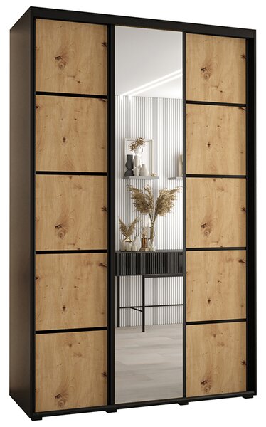 Šatní skříň DAVOS 5 posuvné dvěře a zrcadlo, 150×235×45, Černá / DUB Artisan / černé