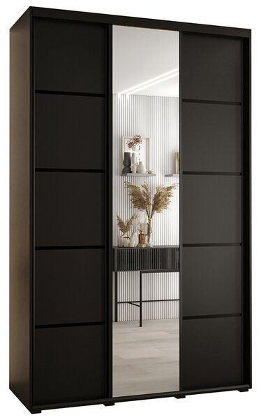 Šatní skříň DAVOS 5 posuvné dvěře a zrcadlo, 150×235×45, Černá / černé pojezdy