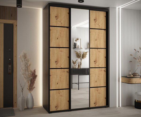 Šatní skříň DAVOS 5 posuvné dvěře a zrcadlo, 150×235×45, Černá / DUB Artisan / černé