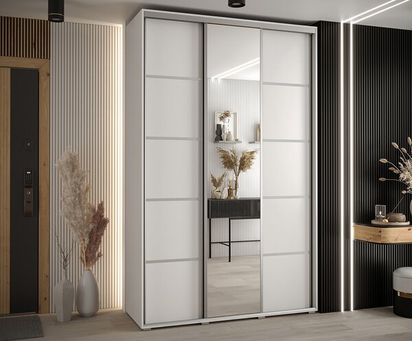 Šatní skříň DAVOS 5 posuvné dvěře a zrcadlo, 150×235×45, Bílá / stříbrné pojezdy