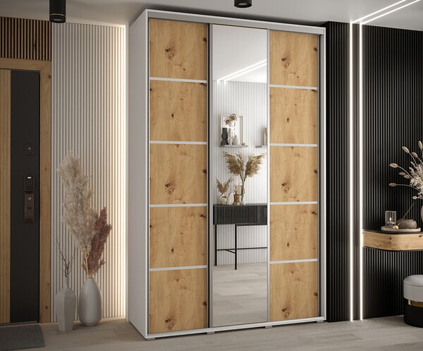Šatní skříň DAVOS 5 posuvné dvěře a zrcadlo, 150×235×45, Bílá / DUB Artisan / stříbrné