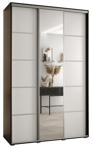Šatní skříň DAVOS 5 posuvné dvěře a zrcadlo, 150×235×45, Černá / bílá / stříbrné pojezdy