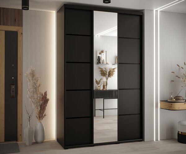 Šatní skříň DAVOS 5 posuvné dvěře a zrcadlo, 150×235×45, Černá / černé pojezdy