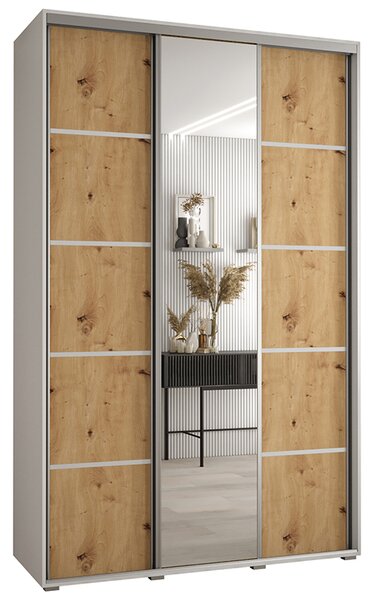Šatní skříň DAVOS 5 posuvné dvěře a zrcadlo, 150×235×45, Bílá / DUB Artisan / stříbrné