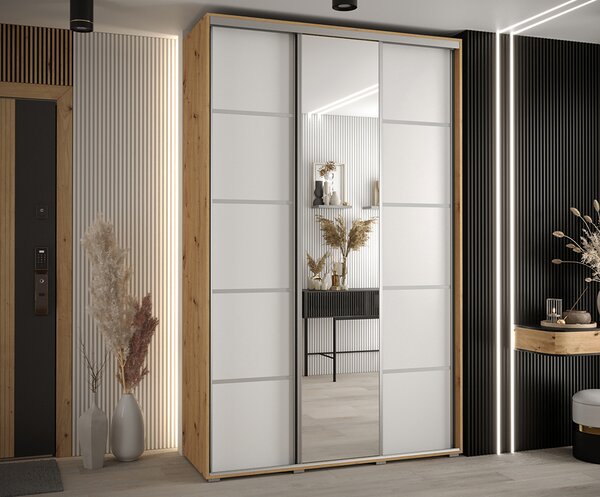 Šatní skříň DAVOS 5 posuvné dvěře a zrcadlo, 150×235×45, DUB Artisan / bílá / stříbrné