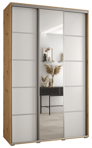 Šatní skříň DAVOS 5 posuvné dvěře a zrcadlo, 150×235×45, DUB Artisan / bílá / stříbrné