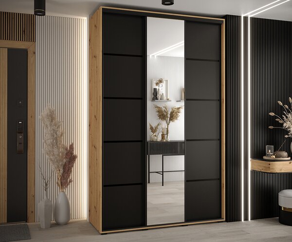 Šatní skříň DAVOS 5 posuvné dvěře a zrcadlo, 150×235×45, DUB Artisan / černá / černé