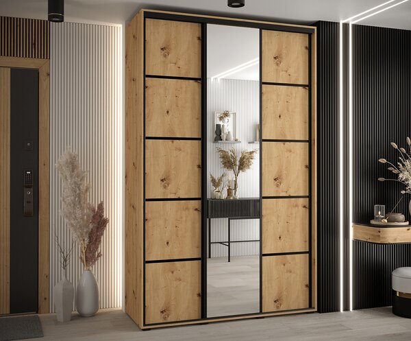 Šatní skříň DAVOS 5 posuvné dvěře a zrcadlo, 150×235×45, DUB Artisan / černé pojezdy