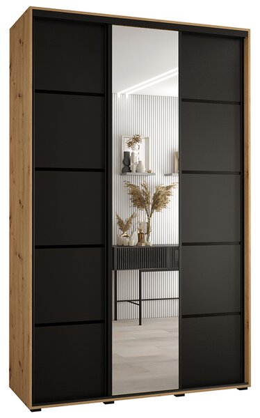 Šatní skříň DAVOS 5 posuvné dvěře a zrcadlo, 150×235×45, DUB Artisan / černá / černé