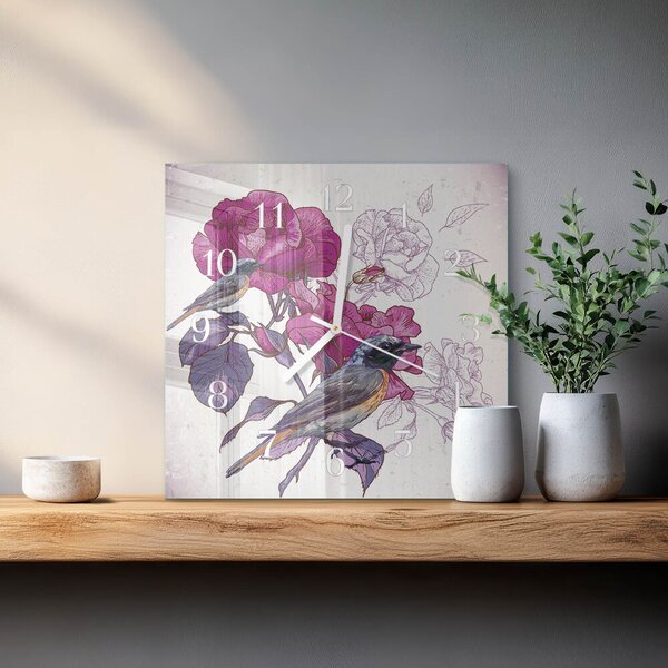 Skleněné hodiny Ptáci Květiny zskb-30x30-00058382