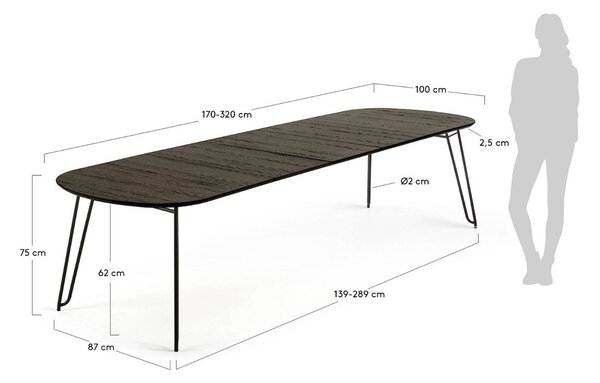 Černý jasanový rozkládací stůl Kave Home Milian 170-320x100 cm