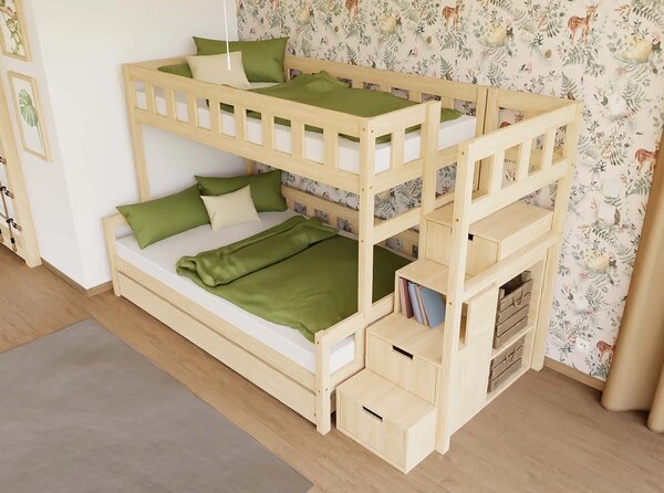 Patrová postel PLOTTY s úložnými schody 90x200, 120x200 cm - Nelakovaná, Zvolte šuplík: Bez šuplíku, Zvolte stranu: Vpravo