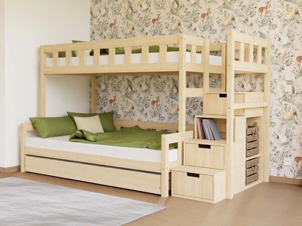 Patrová postel PLOTTY s úložnými schody 90x200, 120x200 cm - Nelakovaná, Zvolte šuplík: Bez šuplíku, Zvolte stranu: Vpravo