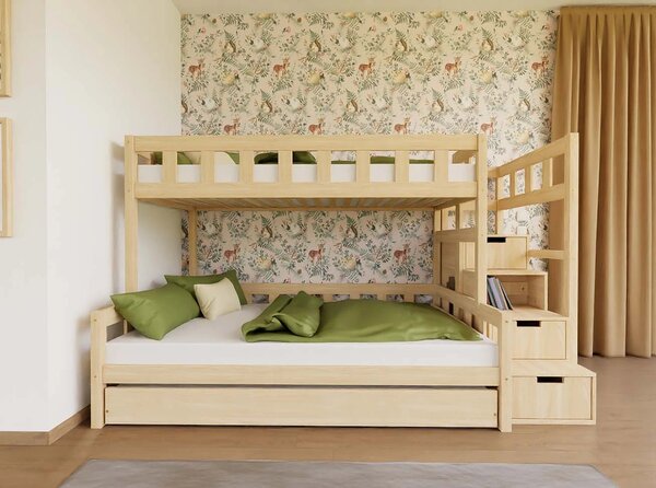 Patrová postel PLOTTY s úložnými schody 90x200, 120x200 cm - Nelakovaná, Zvolte šuplík: Bez šuplíku, Zvolte stranu: Vpravo