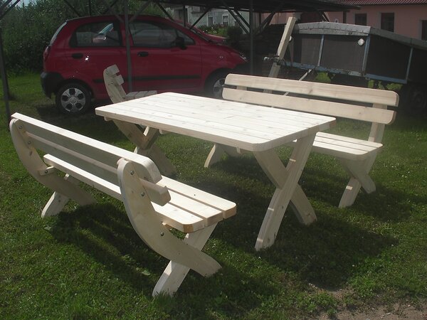 Dřevěný zahradní nábytek z masivu Rainbach - přírodní (Dřevěný zahradní nábytek sestava 45 mm; 1 x stůl; 2 x lavice - přírodní)