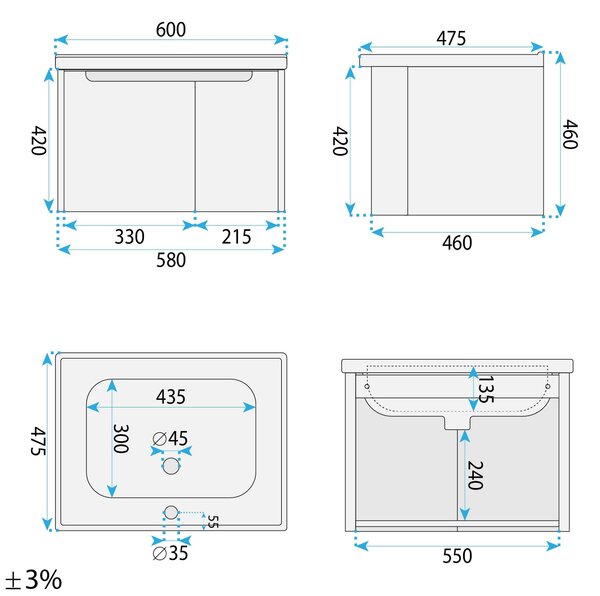 Koupelnová skříňka s umyvadlem Rea Rivo DB86-60L-3 Light 60cm