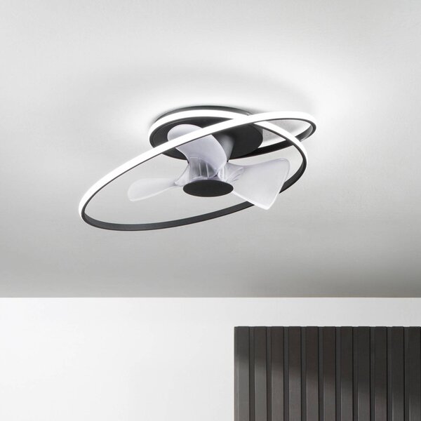 INTEC LED stropní ventilátor Storm, černý/bílý, Ø 77 cm tichý, stmívatelný, Černá, Obývací pokoj / jídelna, kov, Moderní