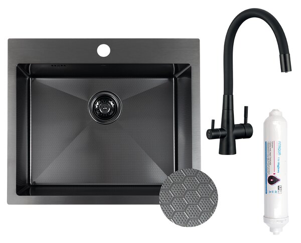 Laveo Malawi, 1-komorový nerezový dřez 580x500x200 mm s kuchyňskou baterií s připojením na filtr vody, černá, LAV-SLMA710F