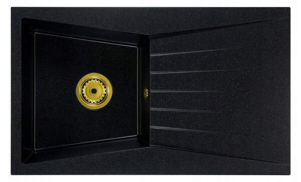 Granitový dřez RUBIN černý s texturou žuly + zlatý sifon