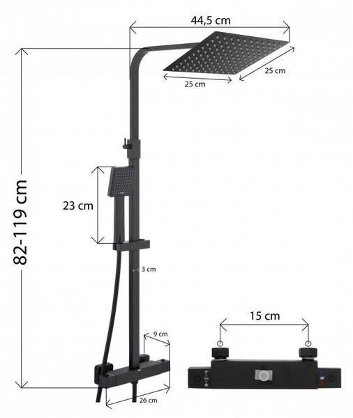 Erga Goba, sprchová souprava s termostatickou baterií a dešťovou hlavicí 25x25cm, černá matná, ERG-YKA-BP.GOBA-THERM-25-BLK