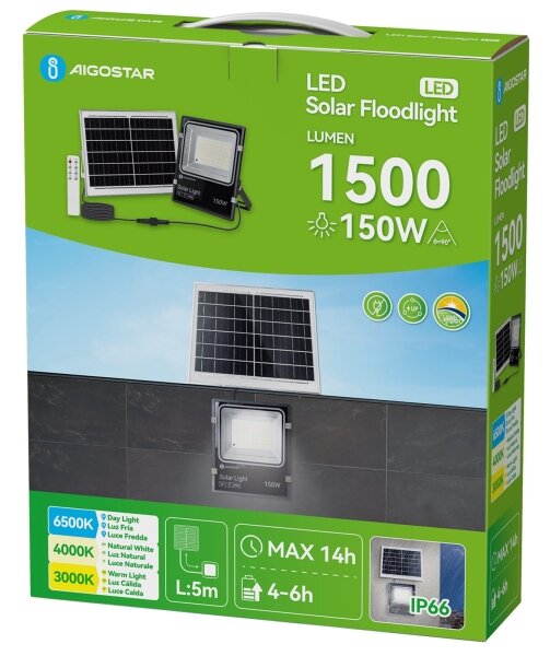 Aigostar-LED Solární reflektor LED/150W/3,2V 3000mAh 3000K/4000K/6500K IP66 + DO